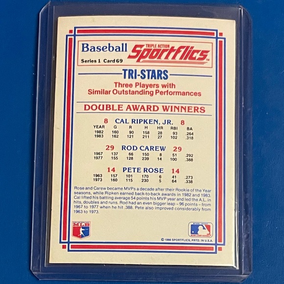 Double Award Winners [Ripken/Carew/Rose] #69 1986 Sportflics Baseball Card - Picture 2 of 2